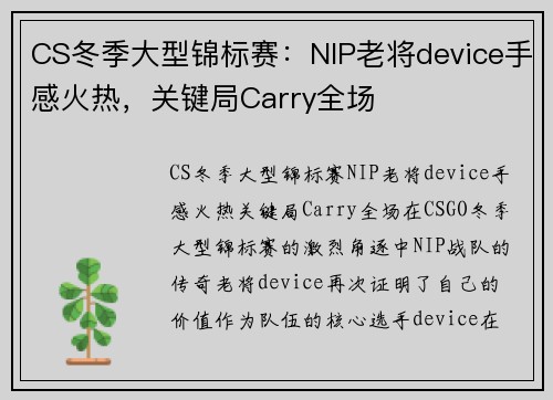 CS冬季大型锦标赛：NIP老将device手感火热，关键局Carry全场