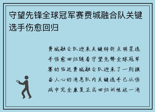 守望先锋全球冠军赛费城融合队关键选手伤愈回归