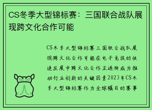 CS冬季大型锦标赛：三国联合战队展现跨文化合作可能