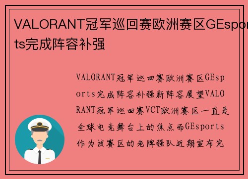 VALORANT冠军巡回赛欧洲赛区GEsports完成阵容补强