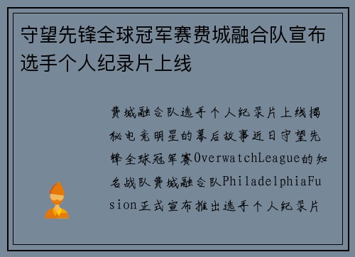 守望先锋全球冠军赛费城融合队宣布选手个人纪录片上线