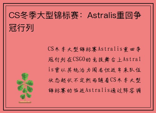 CS冬季大型锦标赛：Astralis重回争冠行列