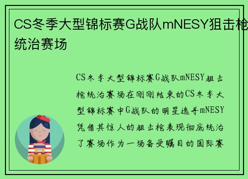 CS冬季大型锦标赛G战队mNESY狙击枪统治赛场